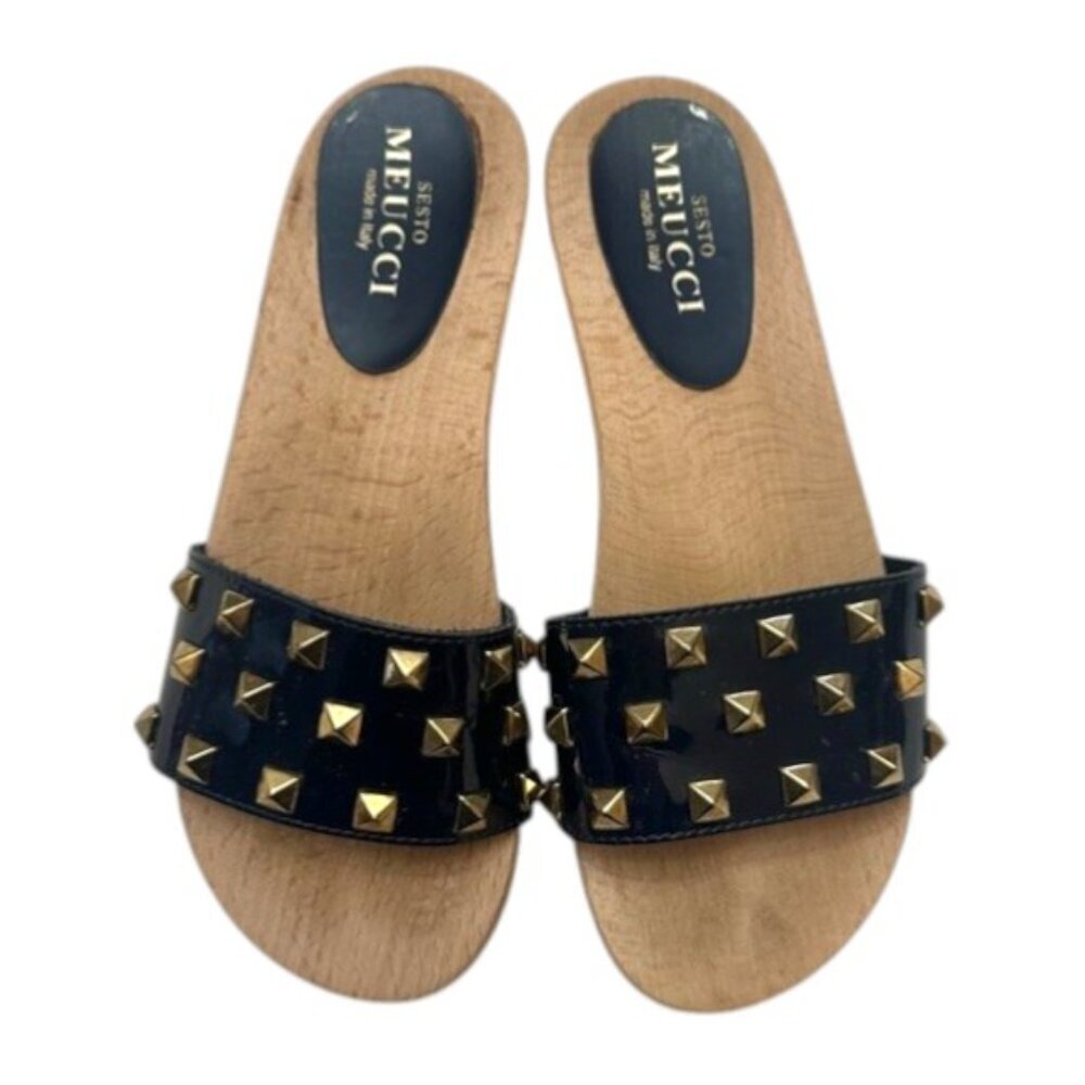 Sesto Meucci Black Stephy Studded Wood Clog Sandals Size EU37
